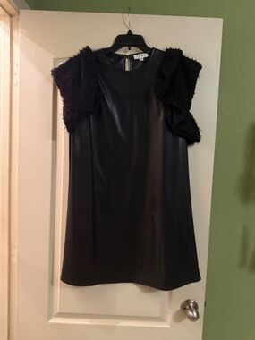 THML Black Faux Leather Shift Dress with Textured Sleeves